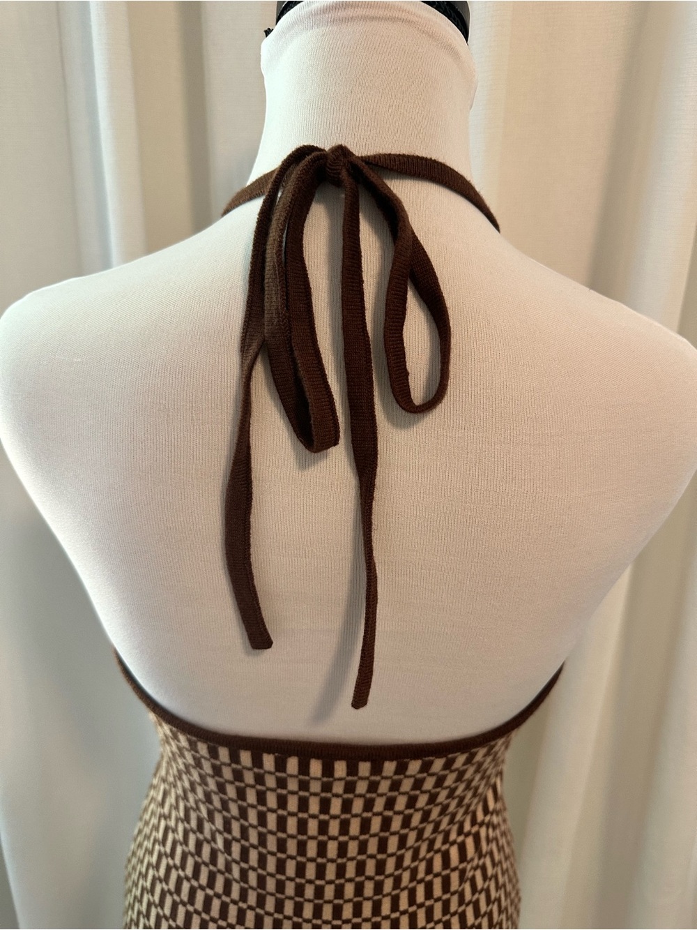 Cotton Candy Brown & Cream Checker Halter Mini Dress - Picture 6 of 9